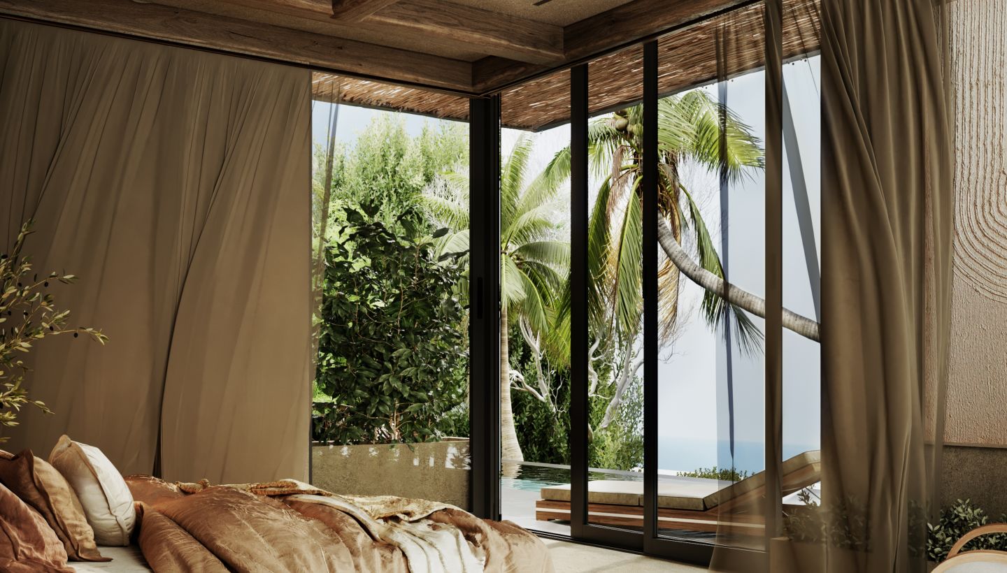 A Room With A Bed And A Window With Trees Outside
