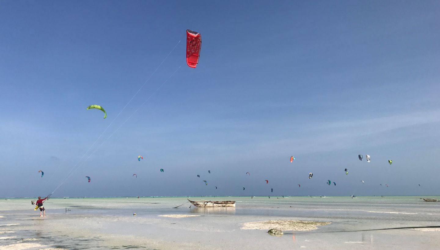 A Group Of People Flying Kites On A Beach