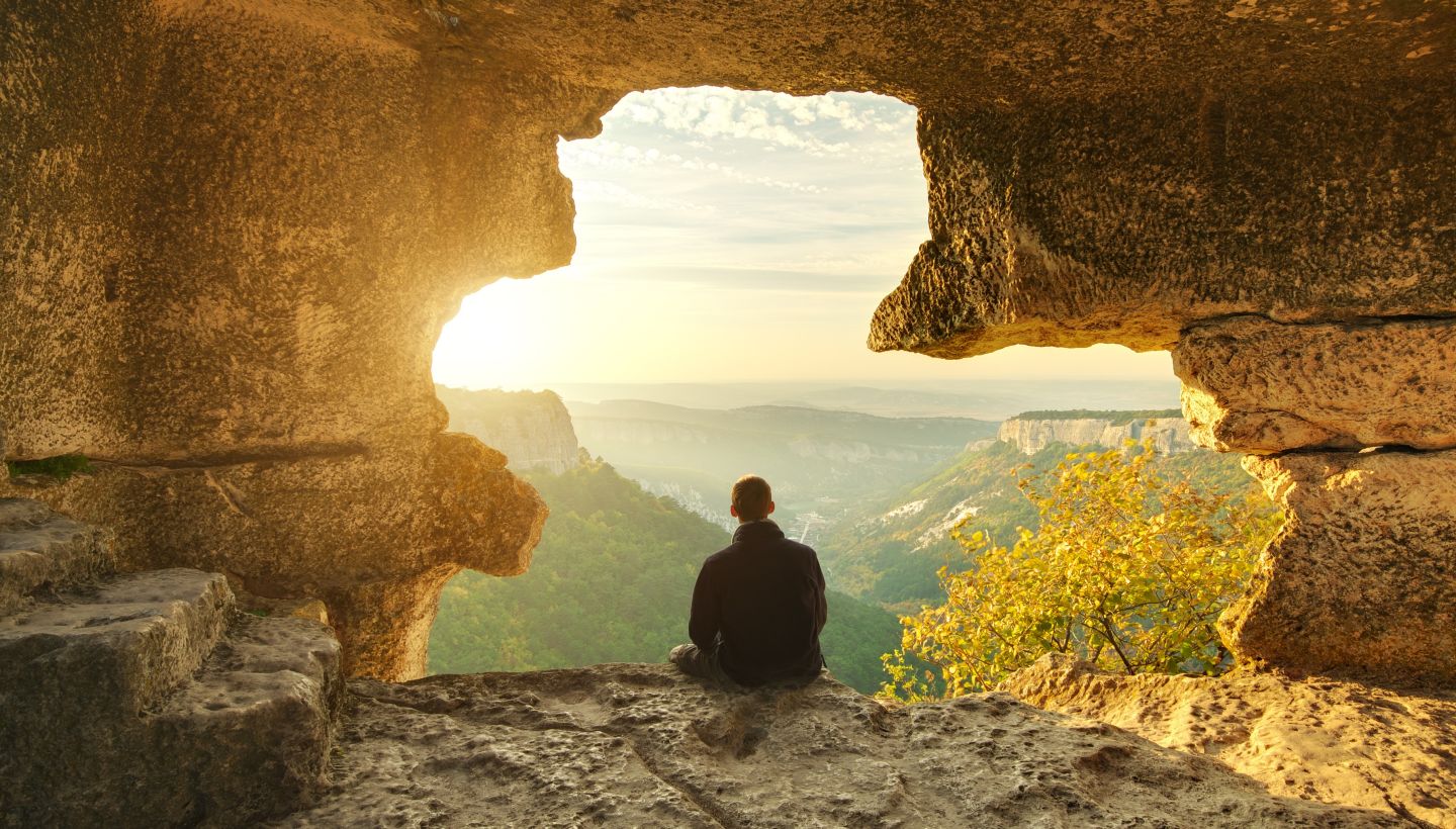 A Person Sitting In A Cave Looking Out At A Tree